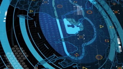 Animation of futuristic digital interface with world map and geometric patterns Stock Footage 313370359