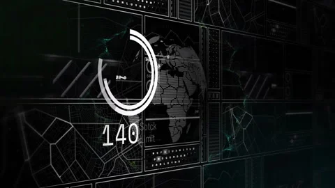 Animation of futuristic digital world map with data and graphs overlaying Stock Footage 306264182