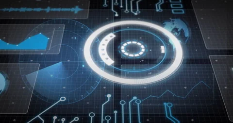 Animation of futuristic interface with circular graphics and world map elements Stock Footage 304095656