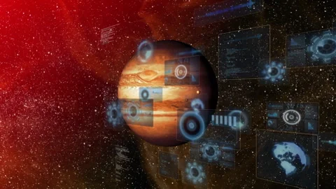 Animation of futuristic interface elements and digital data on planet in outer Stock Footage 304111136