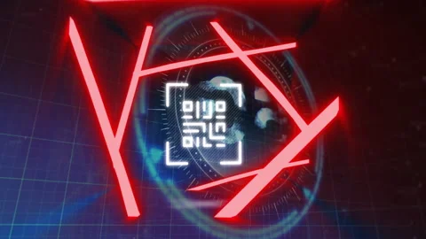 Animation of futuristic interface with red lines and QR code in circular design Stock Footage 303609086