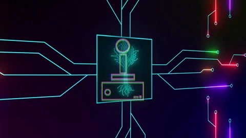 Animation of futuristic neon circuit with central symbol and branching lines Stock Footage 304855352