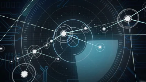 Animation of futuristic radar interface with interconnected nodes in school Stock Footage 303675570