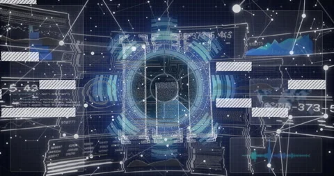 Animation of futuristic technology elements with digital interface processing Stock Footage 303422051