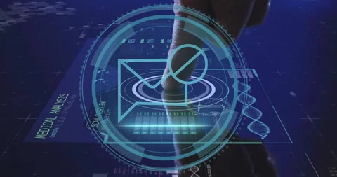 Animation of futuristic touchscreen with DNA graphics and medical analysis data Stock Footage 303870227