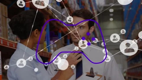 Animation of game controller, connected icons over multiracial coworkers Stock Footage 327583394