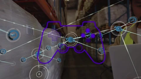 Animation of game controller, connected icons over asian worker scanning Stock Footage 328250950