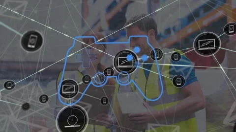 Animation of game controller, connected icons over caucasian coworkers Stock Footage 329775324