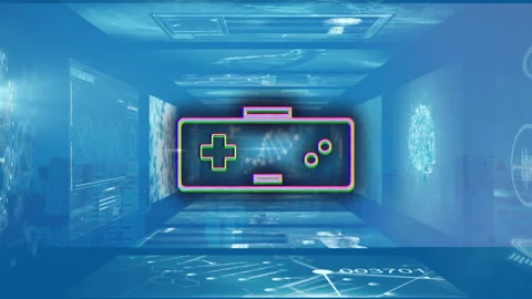 Animation of game controller icon on digital screens with scientific data in Stock Footage 303419724