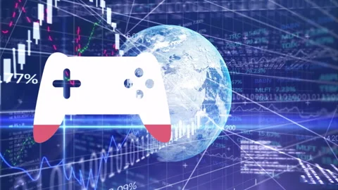 Animation of game controller icon with digital financial data and globe Stock Footage 303460387