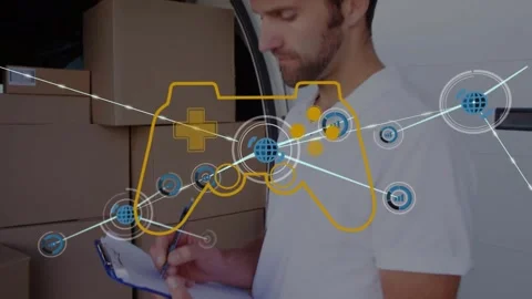 Animation of game controller, icons connected with lines, caucasian deliveryman Stock Footage 327445942