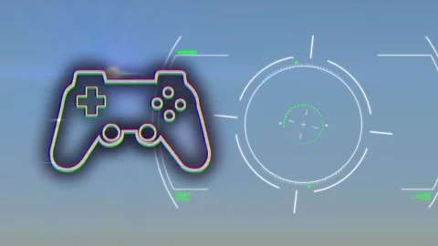 Animation of game controller joystick with hud processing on blue glitch digital Stock Footage 327710060