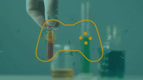 Animation of game controller with nucleotides over cropped hand shaking test Stock Footage 329858187