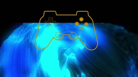 Animation of game controller over blue moving abstract pattern against black Stock Footage 327360697