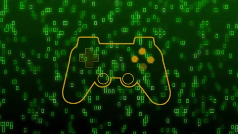 Animation of game controller over digital green matrix with glowing symbols Video stock 305293195