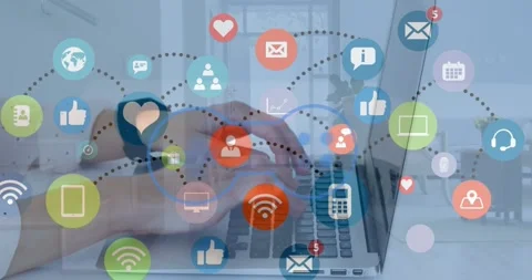Animation of game controllers, connected icons over cropped hand of caucasian Stock Footage 329166903
