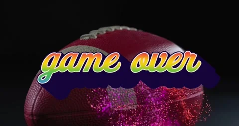 Animation of game over and abstract pattern over rugby ball against black Stock Footage 330728549