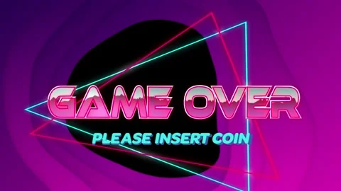 Animation of game over and please insert coin pink text with triangular shapes Stock Footage 327444408
