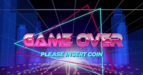 Animation of game over, please insert coin text over triangle against 3d model Stock Footage 328642316