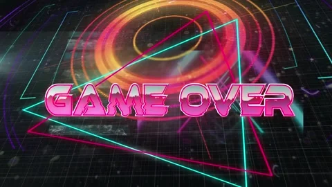 Animation of game over text banner against screens with data processing and neon Stock Footage 326034603