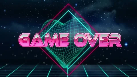 Animation of game over text banner over 3d heart shape and space in background Stock Footage 327525444