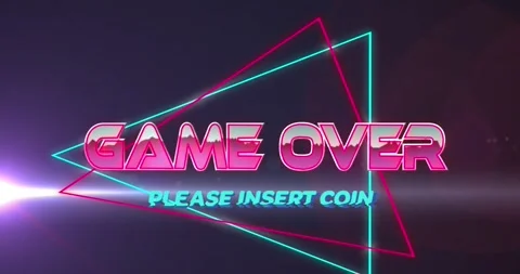 Animation of game over text banner over neon triangular shapes and light spot on Stock Footage 329422240