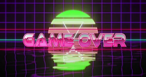 Animation of game over text, grid pattern sea against triangle on sun on black Stock Footage 252358757