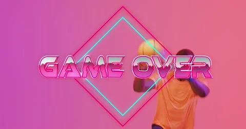 Animation of game over text over neon pattern and african american basketball Stock Footage 329554579