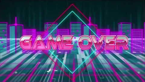 Animation of game over text on rhombuses against glowing 3d model of city in Stock Footage 327358426