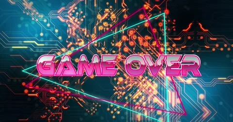 Animation of game over text on triangles, illuminated circuit board pattern 스톡 동영상 330291780