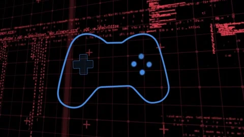 Animation of game pad over data processing on black background Stock Footage 327642584