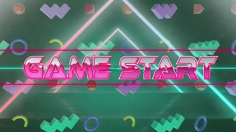 Animation of game start text banner over triangle shapes in in seamless pattern Video stock 221285572