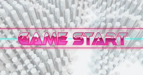 Animation of game start text over neon lines and 3d white blocks background Stock Footage 326627582