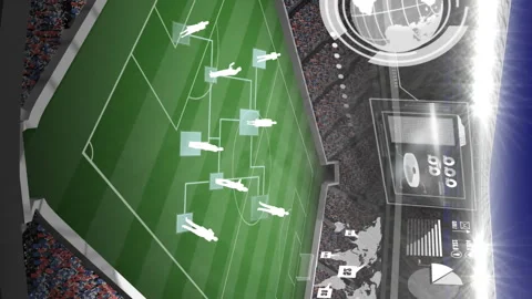 Animation of game tactics and digital interface on empty stands in sports Stock-Footage 313412432