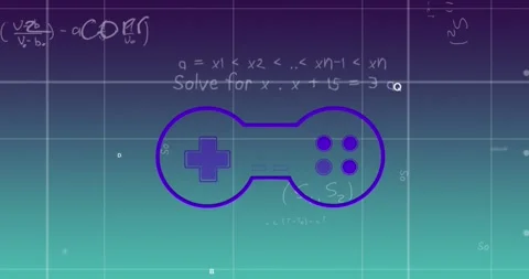 Animation of gamepad over mathematical equations on blue background Stockbeeldmateriaal 328144651