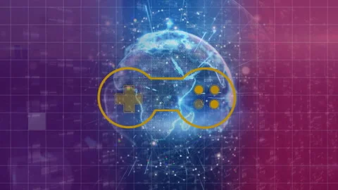 Animation of gaming controller, abstract pattern over globe and falling bars on Stock Footage 315734009