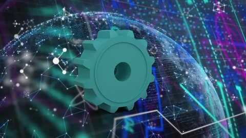 Animation of gear over data processing and globe on black background Stock Footage 330174274