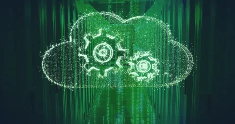 Animation of gears and binary code depicting cloud computing in digital green Video stock 304856452