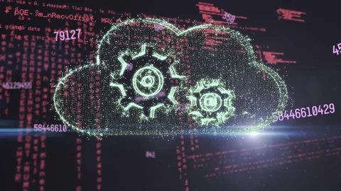 Animation of gears in cloud over data, numbers and moving light flare against Stock Footage 327844464