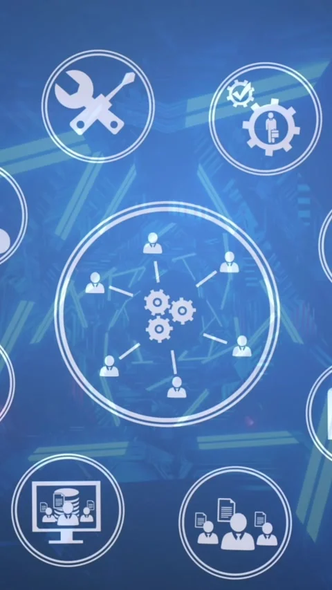 Animation of gears, people, tools, crane, cloud, message icons in circles moving Video stock 321625515