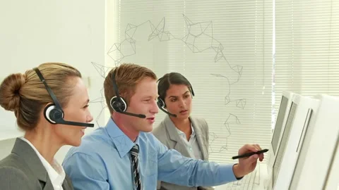 Animation of geometric pattern, multiracial coworkers wearing headphones and Stock Footage 327707515