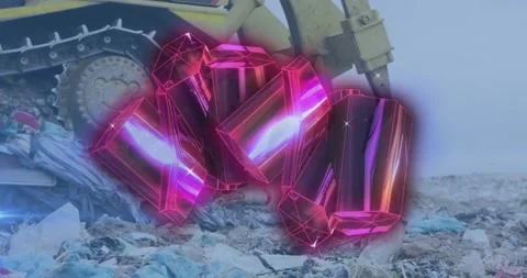 Animation of geometric pattern over machinery leveling garbage in dumping ground Stock Footage 328014929