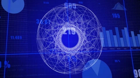 Animation of geometric pattern overlaying blue financial charts in school 스톡 동영상 305816936
