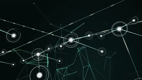 Animation of geometric patterns with interconnected nodes and lines on dark Stock Footage 303468610