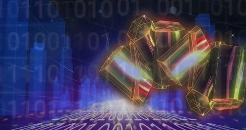 Animation of geometric patterns over looping binary codes against 3d model of Stock Footage 328360136