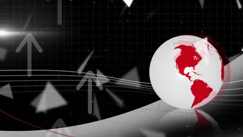 Animation of geometric shape and arrows over rotating globe and wave pattern on Video stock 244785748