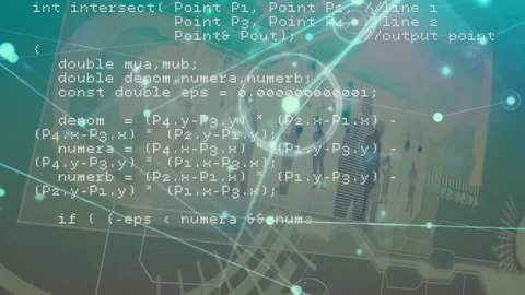 Animation of geometric shapes and computer code over digital network background Stock Footage 304806447