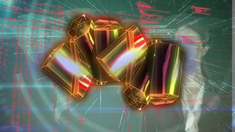 Animation of geometric shapes, computer language, connected icons over portrait Stock Footage 326036669
