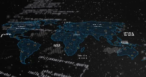 Animation of geometric shapes on map and computer language over black background Stock Footage 330658344