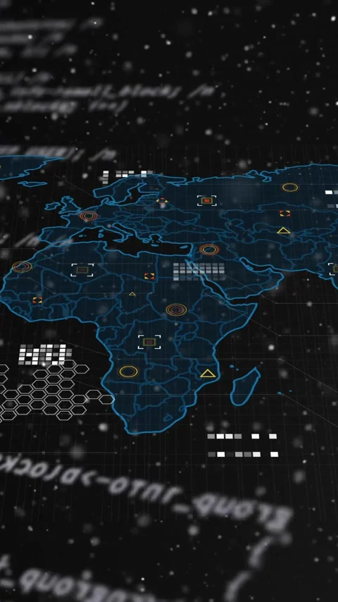 Animation of geometric shapes on map and computer language over black background Stock Footage 343718892
